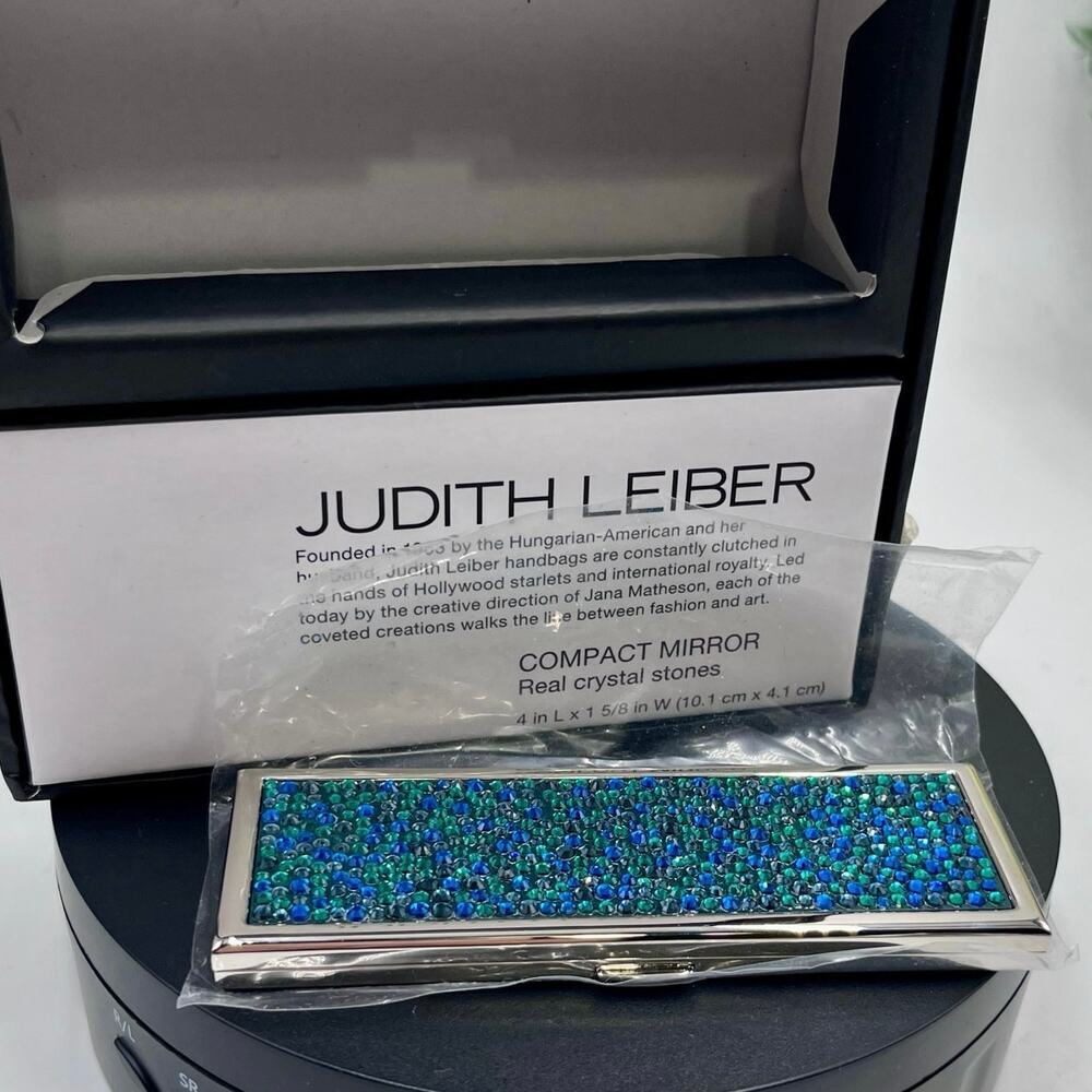 JUDITH‎ LEIBER Compact Mirror Slim Pocket Austria Crystal Green Blue Dots Silver